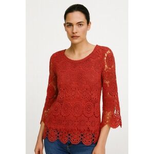 Solitaire Pink Medallion Crochet Bell Sleeve Top Boho Scalloped Hem Size Medium